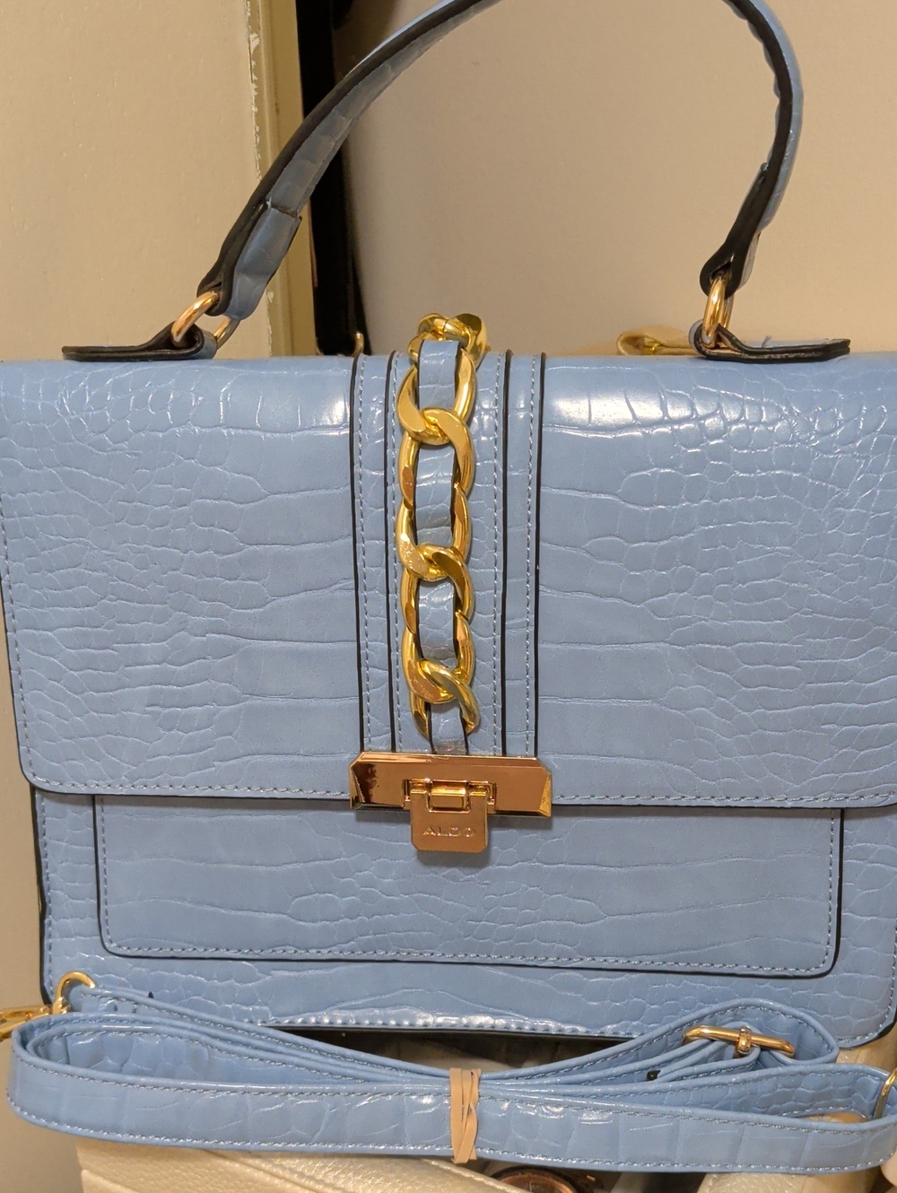 Aldo Blue Croc-Embossed Hand Bag/Shoulder Bag with Gold Chain New Condition